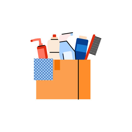 Charity, donation, volunteering, social assistance and support for needy. Cardboard box full cleaning and hygiene products to help poor and homeless people. Vector illustration.のイラスト素材