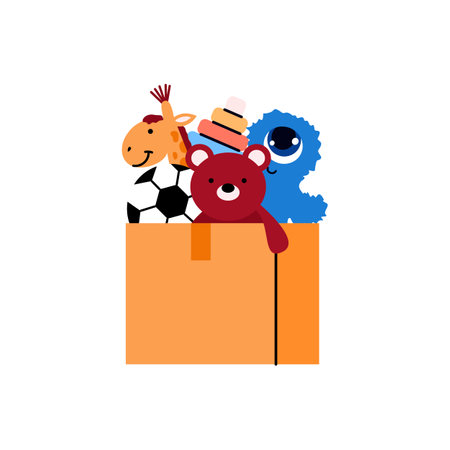 Cardboard box full of children toys, cartoon vector illustration isolated on white background. Donation and charity symbol, children from poor family support.のイラスト素材