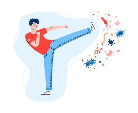 Young man fights virus and bacteria, cartoon flat vector illustration isolated on white background. Resistance of viral diseases and immune system strengthening.のイラスト素材