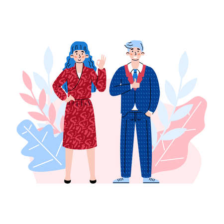 Two business people express assent or agreement and showing positive OK gestures at decorative backdrop, cartoon vector illustration isolated on white background.のイラスト素材