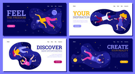 Set of creative website banners with people floating in the sky, cartoon vector illustration. Discovering and exploring, creative inspiration web pages concept.のイラスト素材