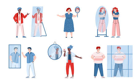 Body positive, self acceptance, esteem concept. Happy characters men and women admiring of themselves in mirrors with confidence and love to self. Vector isolated illustrations.のイラスト素材