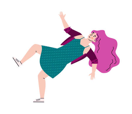 Falling or floating in the air woman cartoon vector illustration isolated on white background. Cartoon character of inspiring woman flying in zero gravity in the sky.のイラスト素材