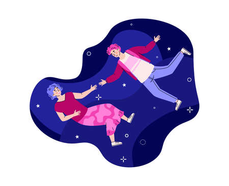 Inspired of love floating people in space with stars and planets. Happy couple girl and guy flying and moving in imagination and dreams. Vector flat illustration.のイラスト素材