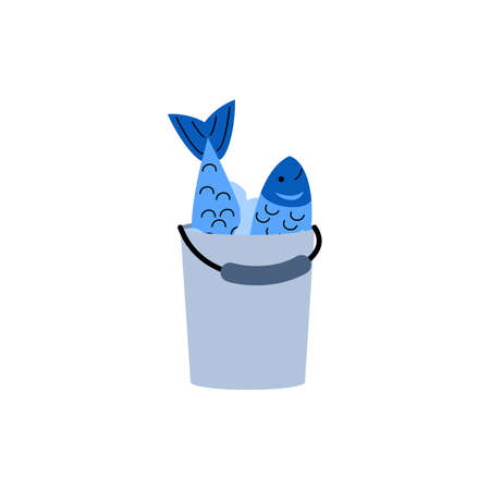 Fishing bucket full fresh fish, fisherman catch. Flat cartoon vector illustration isolated on a white background.のイラスト素材