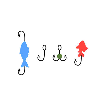 Steel fish hooks set in various shapes, flat isolated on white background vector illustration. Cartoon symbols or icons of sharp fishing hooks with baits.のイラスト素材