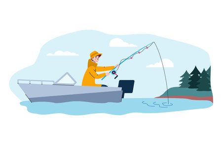 Young man in raincoat fishing from boat with fish rod, cartoon vector illustration isolated on white background. Man catching fish on summer outdoor vacation.のイラスト素材
