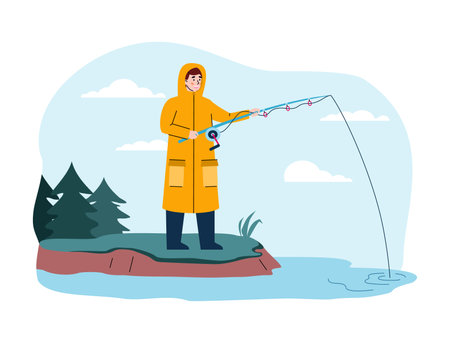 Fisherman catch fish standing on shore. Man in yellow raincoat holds fishing rod in water and waits for bite. Outdoor hobby, activity and leisure for fishers. Vector illustrationのイラスト素材