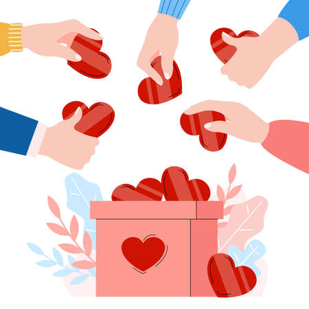 Donation banner or poster with hands putting hearts into donation box, flat cartoon vector illustration isolated on white background. Card for donation ad charity.のイラスト素材