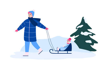 Happy smiling kid girl sitting on sled, parent sledding a child. Family outdoors leisure, fun and...