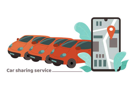 Car sharing banner design with mobile application on phone screen, cartoon vector illustration...