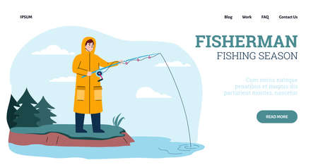 Website banner template for fishing season advertisement, cartoon vector illustration. Webpage mockup with fisherman character fishing from river bank.のイラスト素材