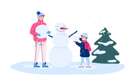 Father and son cartoon characters making snowman together. Family winter seasonal outdoor activities, cartoon vector illustration isolated on white background.の写真素材