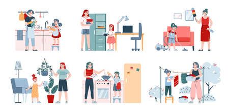 Set of mother and daughter characters busy with housework, cartoon vector illustration isolated on white background. Girl helping her mother with household chores.のイラスト素材