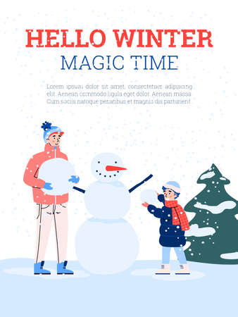 Hello winter card or poster template with family of father and son making snowman, cartoon vector illustration. Holiday winter games and outdoor leisure.のイラスト素材