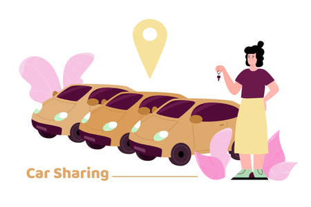 Carsharing service, city vehicle network for order rent of transport. Young woman stand with...