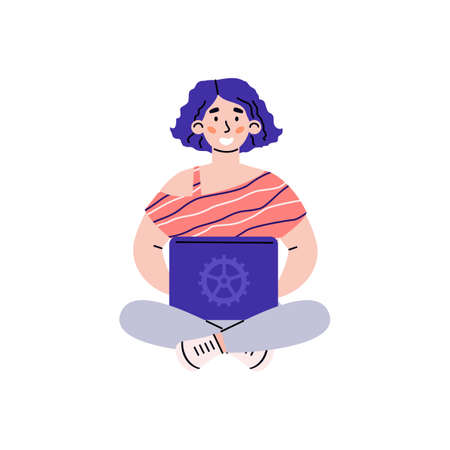 Young woman outsource employee or student sitting on the floor with laptop, flat vector illustration isolated on white background. Modern remote occupation or learning.のイラスト素材