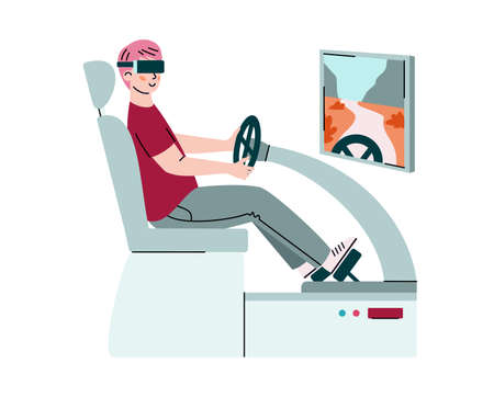 Young man in vr glasses play or learning to drive car in virtual augmented reality. Racing video game simulator, entertainment or training program. Vector isolated illustration.のイラスト素材