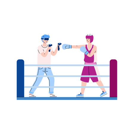 Men with vr devices playing in sport video game using futuristic computer technologies. Simulation fight in boxing ring in cyberspace virtual augmented reality. Vector illustrationのイラスト素材