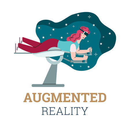 Augmented reality banner or card with woman using VR flight simulator, cartoon vector illustration. Virtual computer games and entertainment industry concept.のイラスト素材