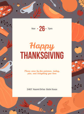 Thanksgiving holiday greeting card design, cartoon vector illustration. Thanksgiving festive dinner invitation card or restaurant menu poster template.のイラスト素材
