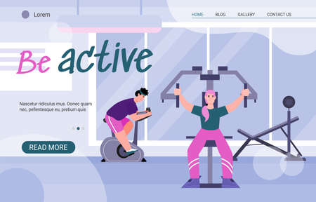 Website template with training people cartoon characters in gym, cartoon vector illustration. Landing page design on sport activity and healthy lifestyle topic.のイラスト素材