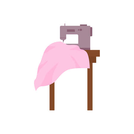 Modern sewing machine with pink fabric. Equipment with needle and thread for sew of fashion clothes in tailor shop or atelier. Flat vector illustration isolated on a white.のイラスト素材