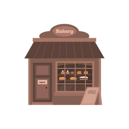 Front of small bakery shop with bread and cakes in showcase, cartoon vector illustration isolated on white background. Bakery store building with bread.のイラスト素材