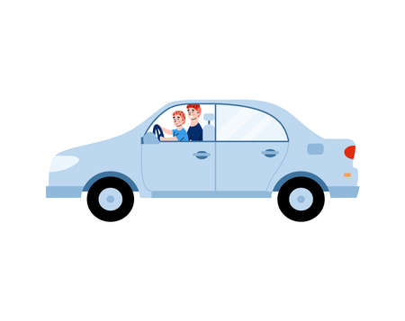 Car with father teaching his boy child to drive, cartoon vector illustration isolated on white background. Fathers driving lesson to son scene of family bonding activity.のイラスト素材