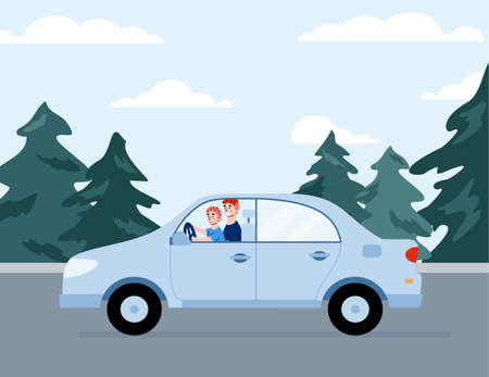 Father gives his child a lesson in driving a car in a country trip, cartoon vector illustration. Joint leisure of father and son, parent and child traveling together.のイラスト素材