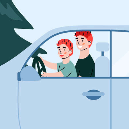 Close up view of car cabin with father teaching child to drive, cartoon vector illustration. Parental care and fathers responsibility concept with cartoon characters.のイラスト素材