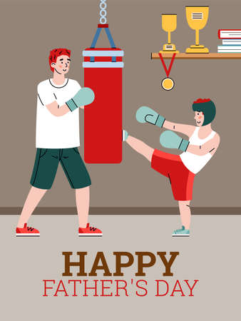 Dad and son spending time in gym practicing punches on boxing workout. Father and child engage sports together. Flat vector illustration. Design poster for Happy father day.のイラスト素材