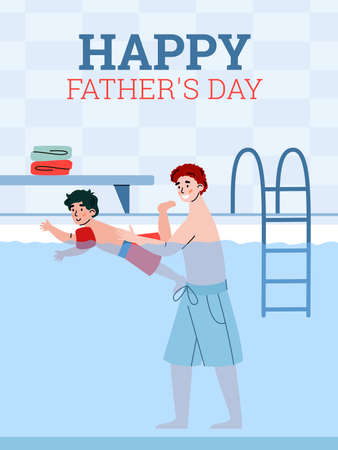 Happy father day poster. Dad teaching to son swimming in the pool. Young man support little boy on water. Family activity on leisure or weekend. Flat cartoon vector illustration.のイラスト素材