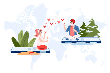 Romantic date, love meeting, virtual relationship in internet. Couple man and woman at long distance communicates online, sending hearts and drink beverages. Vector illustration.のイラスト素材