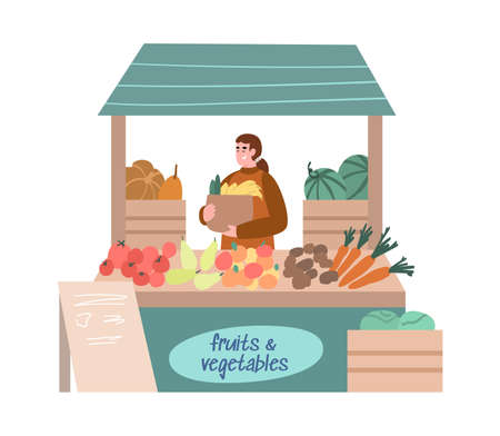 Street food fair counter with marketer selling fruits and vegetables, cartoon vector illustration isolated on white background. Street local market booth or stall.のイラスト素材