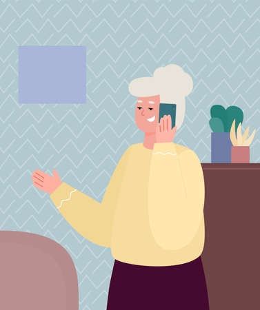 Portrait of smiling elderly grandmother talking on a mobile phone.のイラスト素材
