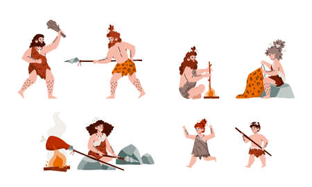 Caverman or cave people charaters set, cartoon vector illustration isolated.のイラスト素材