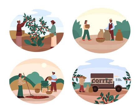 Banners with scenes of coffee producing cartoon vector illustration isolated.のイラスト素材