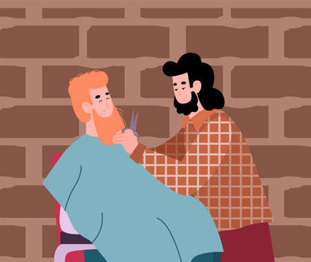 Barber taking care for beard of hipster man visitor barbershopのイラスト素材