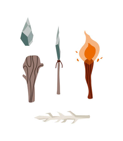Set primitive tools of prehistoric cave man for hunting or survival in stone ageのイラスト素材