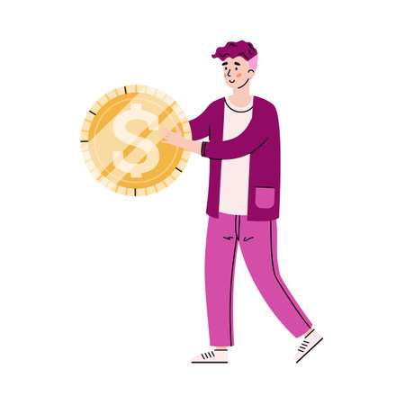 Tiny man carrying huge gold dollar coin cartoon vector illustration isolated.のイラスト素材