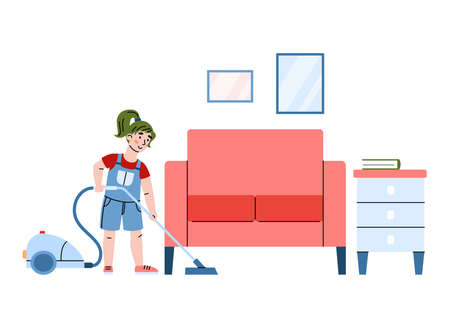 Little girl vacuuming the floor in room, cartoon vector illustration isolated.のイラスト素材