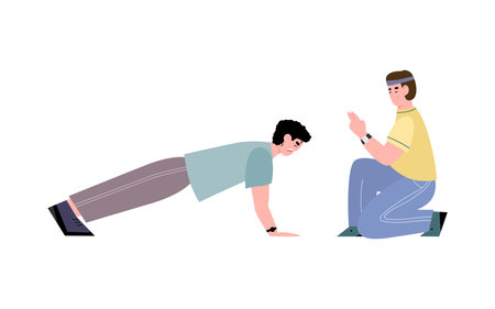 Coach supporting training man, flat vector illustration isolated on white.のイラスト素材