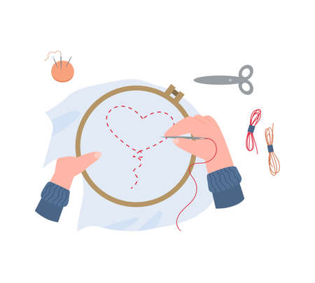 Female hands hold embroidery frame and doing embroidery by needle with thread.のイラスト素材