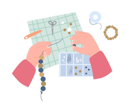 Hands doing decorative craft work with beads, flat vector illustration isolated.のイラスト素材