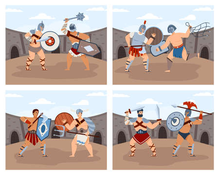 Gladiators, legionnaires or spartan warriors with weapons in fight.のイラスト素材