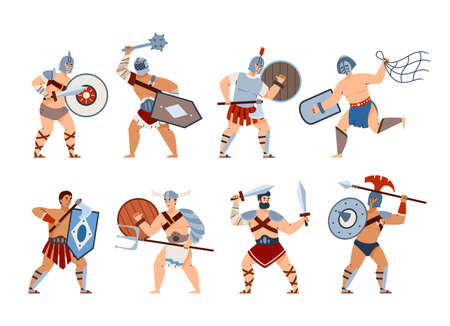 Set of gladiators male characters, cartoon flat vector illustration isolated.のイラスト素材