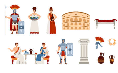 Ancient Rome characters and symbols set of cartoon vector illustrations isolated.のイラスト素材