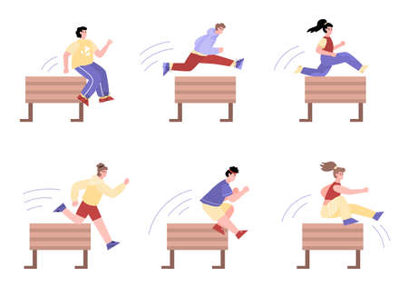 Sportive people jumping over obstacles or hurdles, cartoon vector isolated.のイラスト素材