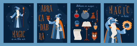 Fairy banners or cards with magician and magic items, flat vector illustration.のイラスト素材